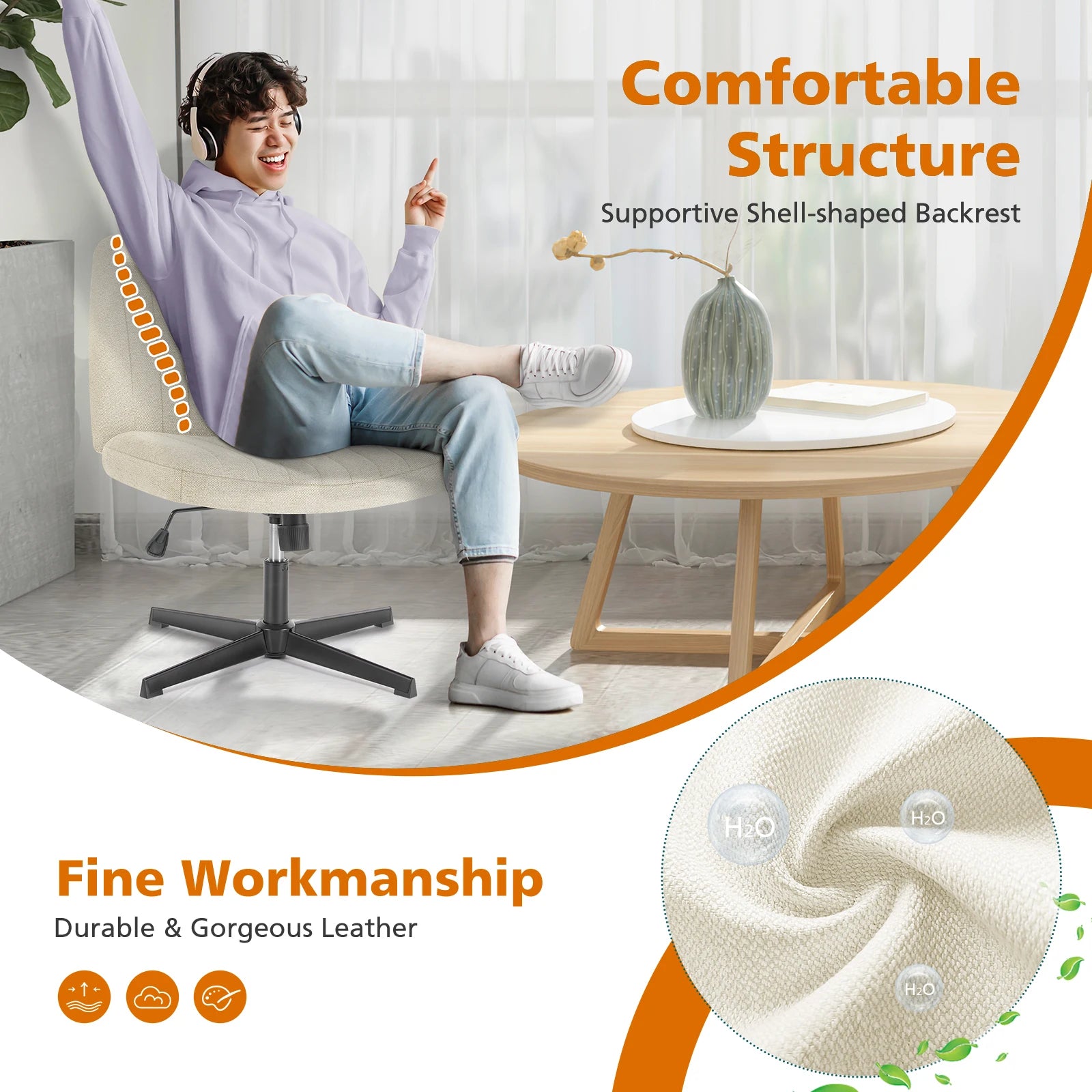 Armless Office Chair Adjustable Swivel Rocking Gaming Cross Legged Wide Desk Fabric