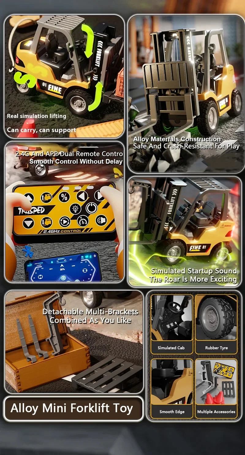 1/64 RC Trucks Alloy Forklift Mini APP 2.4G Rc Cars Remote Control Construction Engineer Vehicle Toys for Boys Adults Kids Gifts