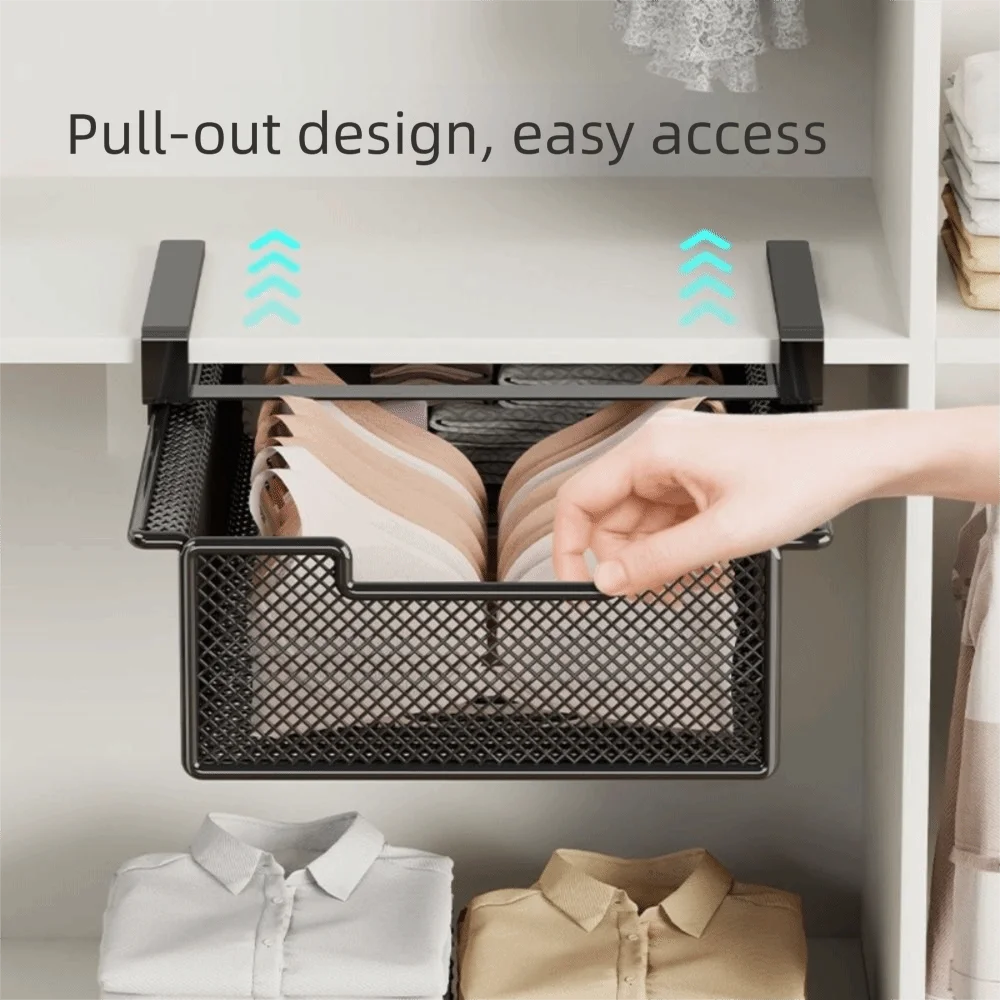 Large Capacity Underwear Storage Basket Pure Color Under Shelf Hanging Organizer Basket Design Under Cabinet Pull-Out Drawer