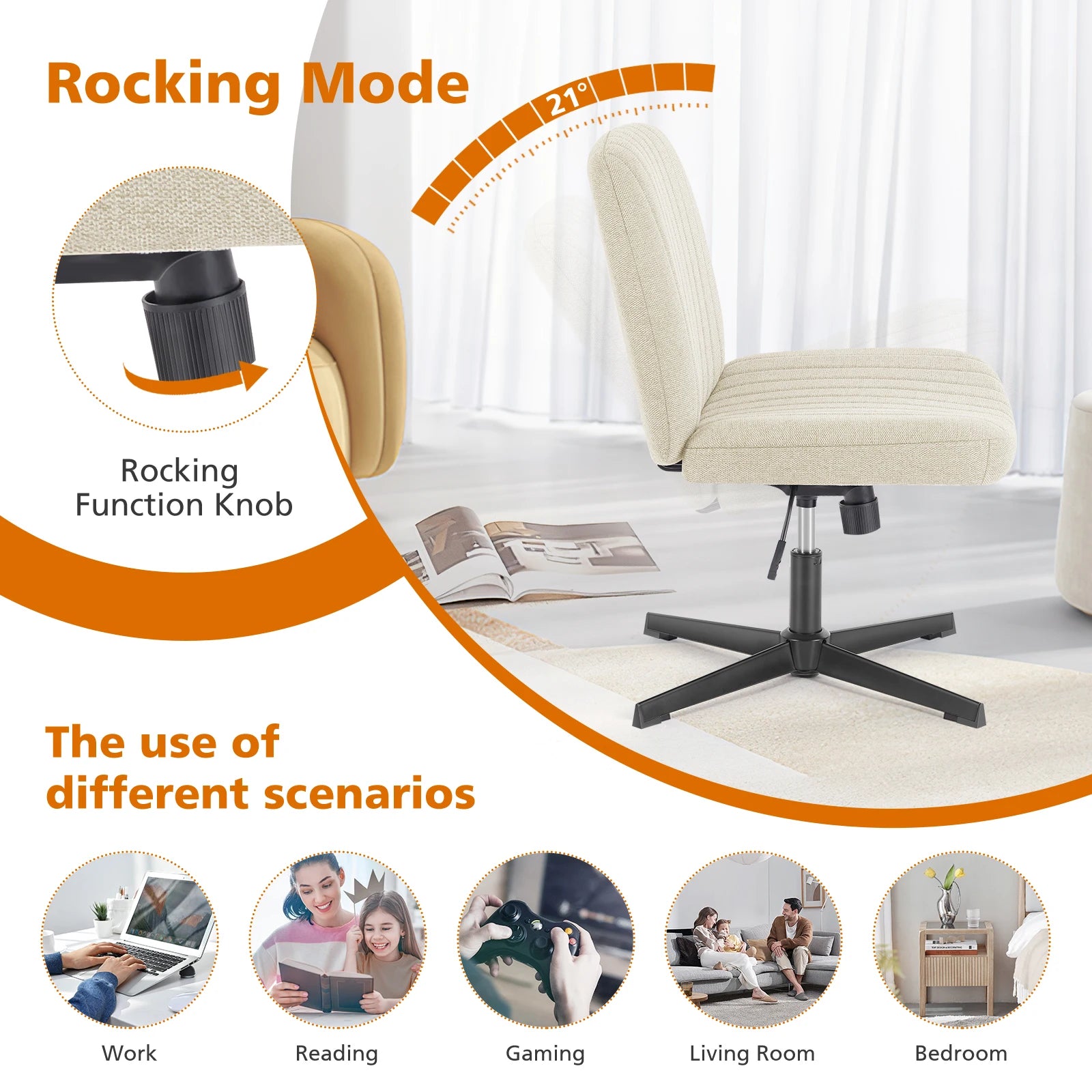 Armless Office Chair Adjustable Swivel Rocking Gaming Cross Legged Wide Desk Fabric