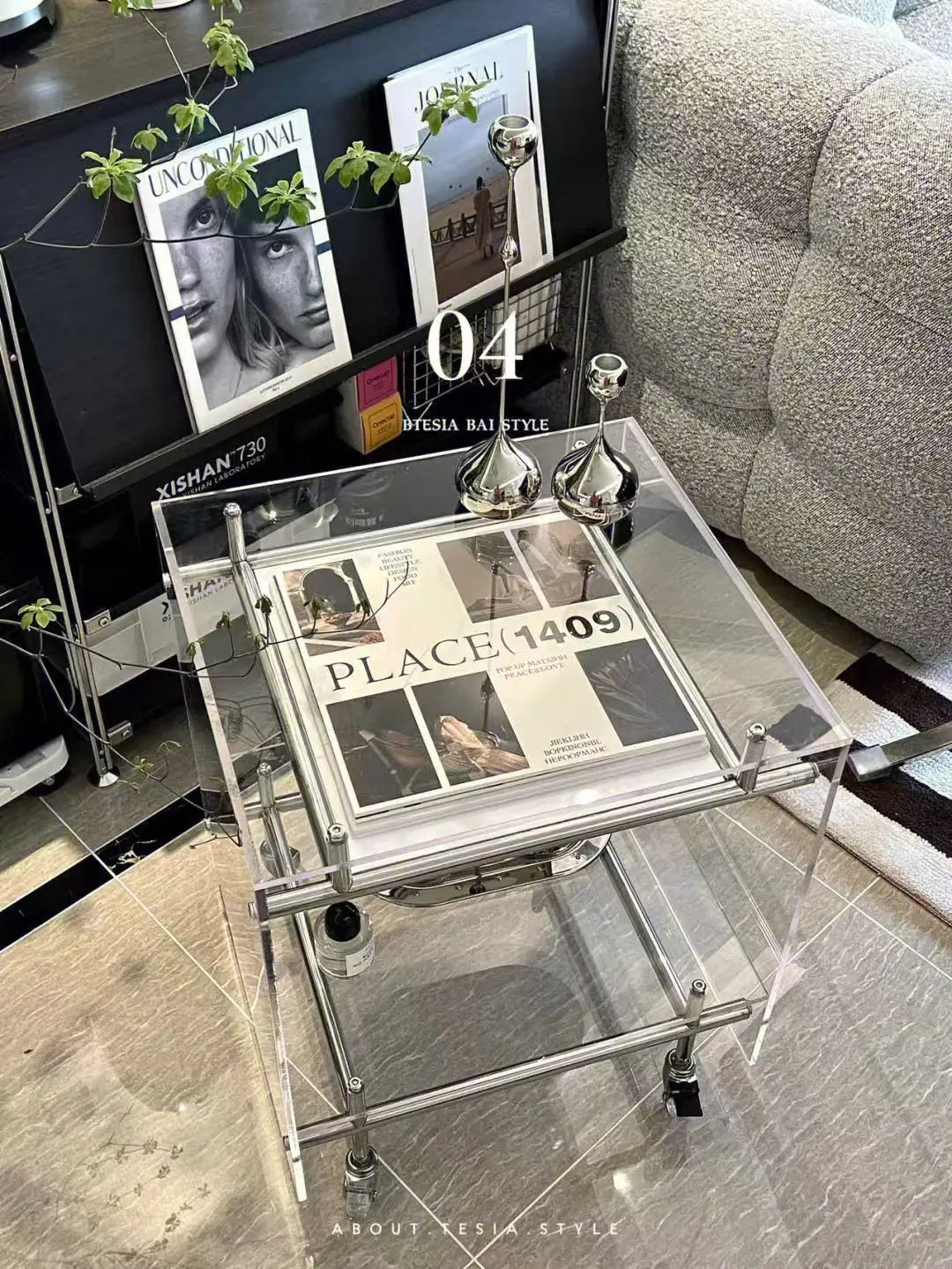 Acrylic Side Table Transparent Trolley Style Living Room Coffee Table Storage Cabinet Mobile Bedside Table Minimalist