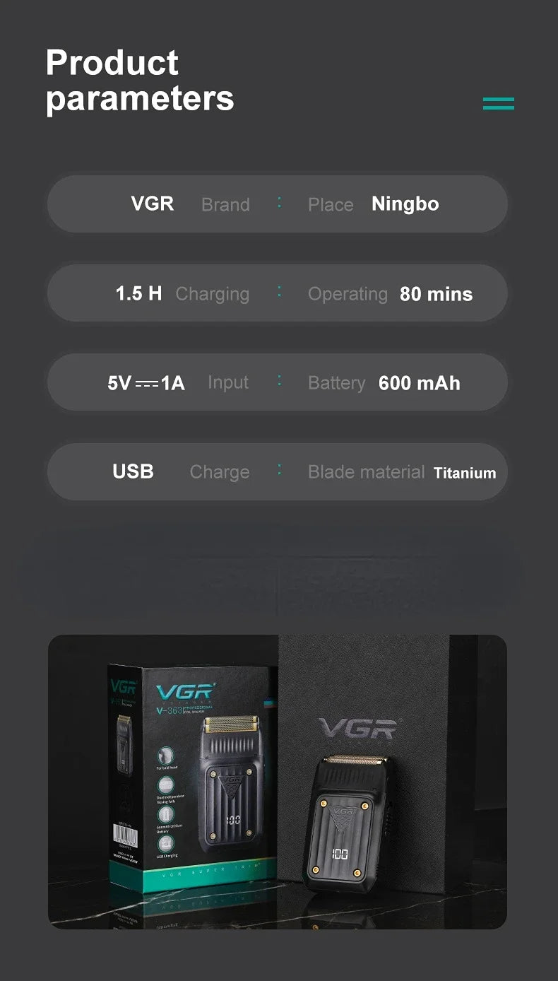 VGR Shaver Professional Razor Electric Shaver Portable Shaving Machine Rechargeable Reciprocating Razor LED Shaver for Men V-363