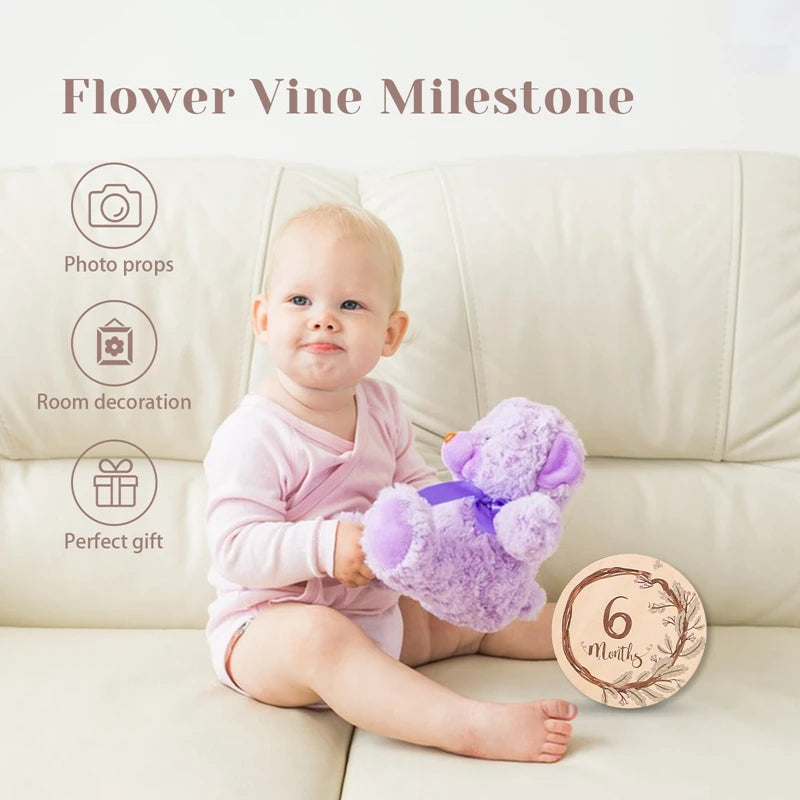 Baby Wooden Monthly Memorial Milestone Cards Flower Monthly Newborn Engraved Age Photography Accessories Baby Birthing Gift