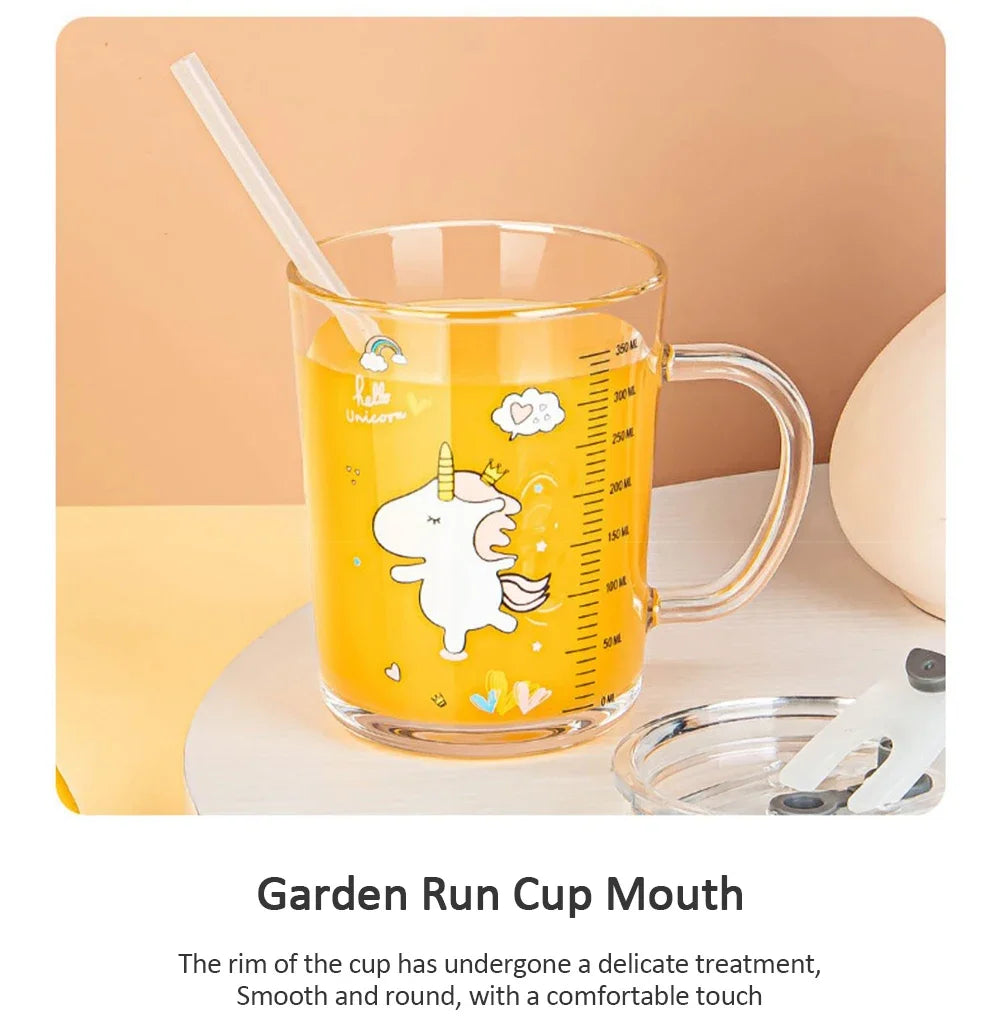 350ml Cute Unicorn Children Milk Cup With Scale Transparent Breakfast Cup With Straw Lid Cartoon Glass Cup For Kids Drinkware