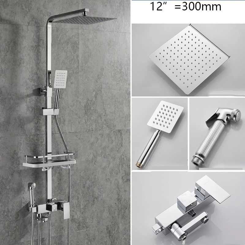 KEMAIDI Rainfall Bathroom Shower Faucet Set With Rack Shelf Bathtub Mixer Tap Black Wall Mounted Brass Bath Cabin System