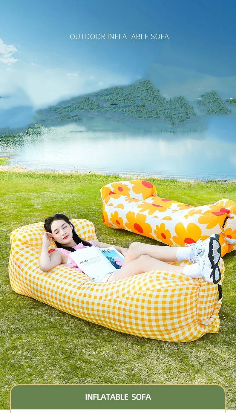 Outdoor Lazy Non Inflatable Sofa Folding Portable Air Cushion Bed Picnic Camping Yellow White Air Bed