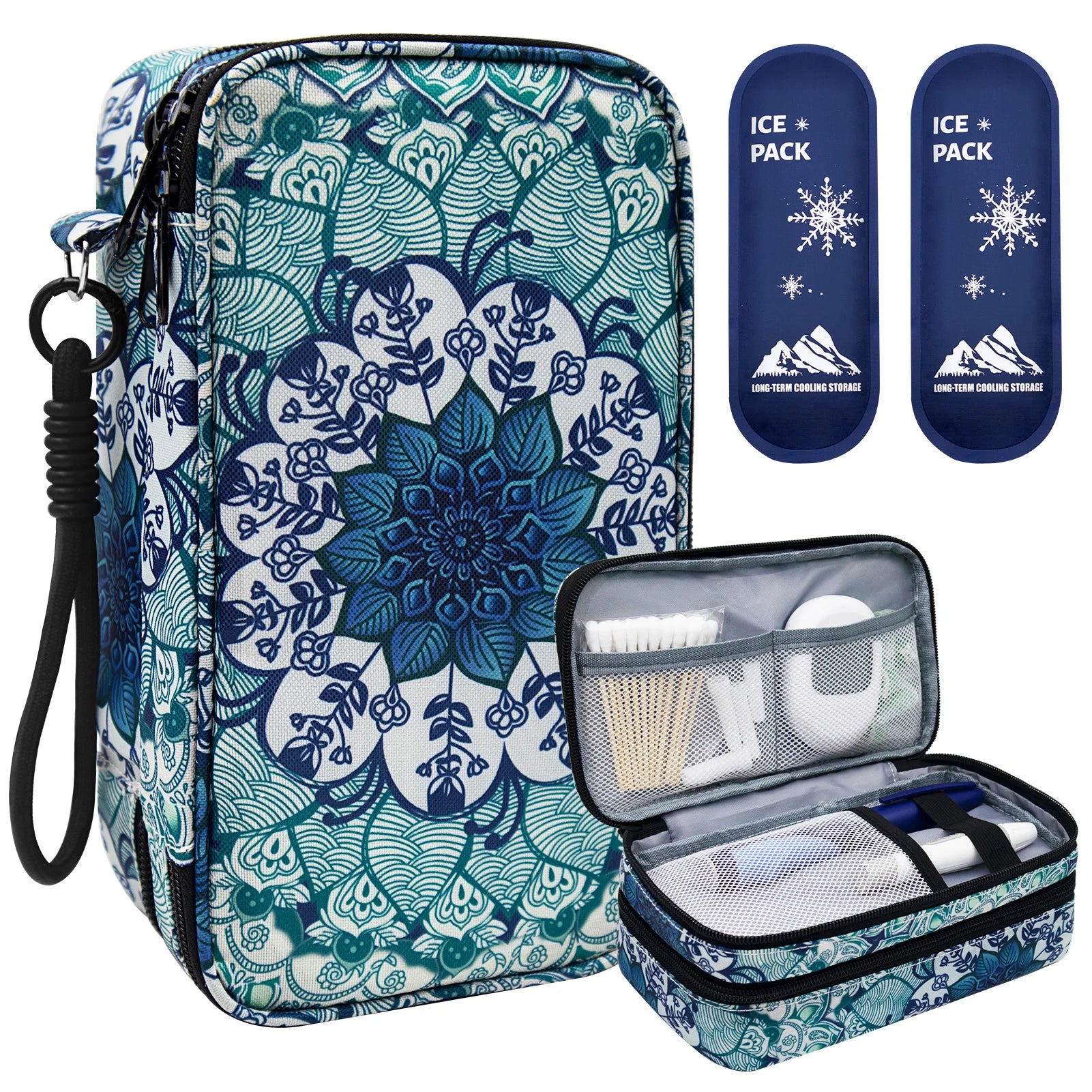 Insulin Cooler Bag with Ice Packs, Travel Medicine Organizer for Diabetes, Double Layer Storage Case