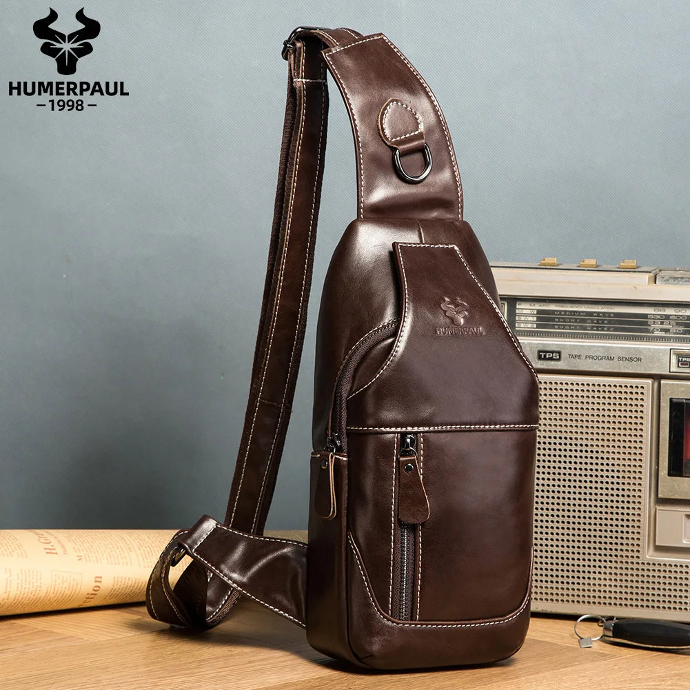 HUMERPAUL New Men's Chest Bag Crossbody Pack Genuine Leather Large Capacity Casual Messenger Bag Retro Men Handbag Shoulder Bag