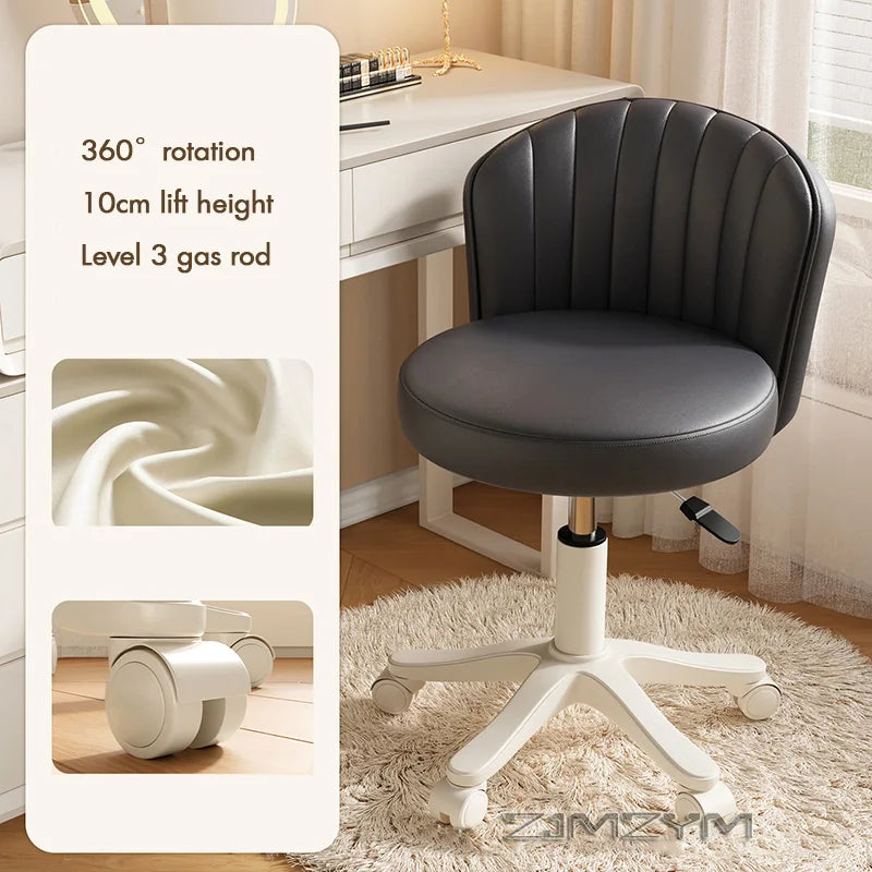 Leather Chair Rotatable Shell Seat Adjustable Rotary Stool for Home Makeup Wear-Resistant Chair for Studios,Wheel-slip Back Chai