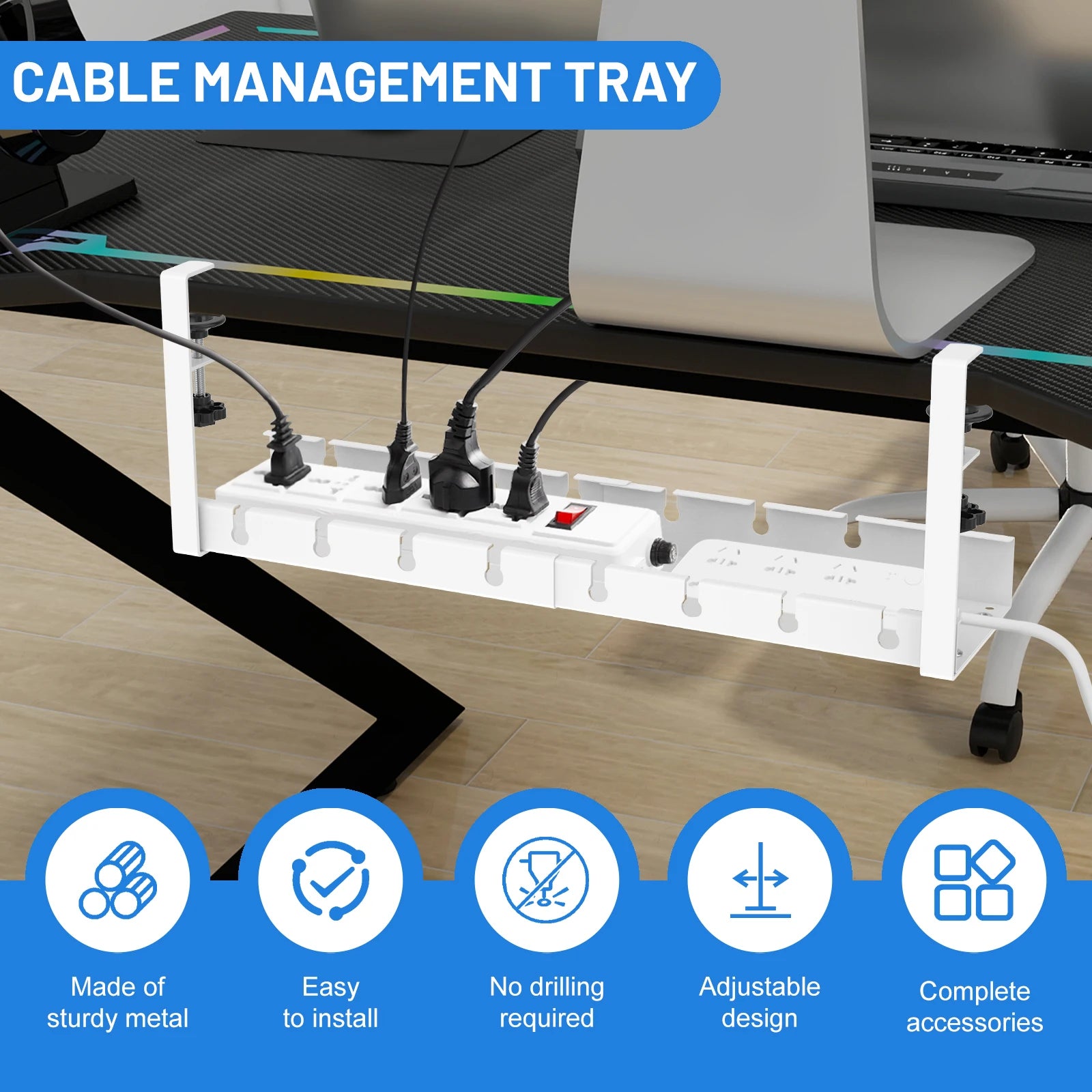 Extendable Under Desk Cable Management No Drilling Metal Cable Tray Space Saving Multipurpose Household Hanging Organizer Shelf