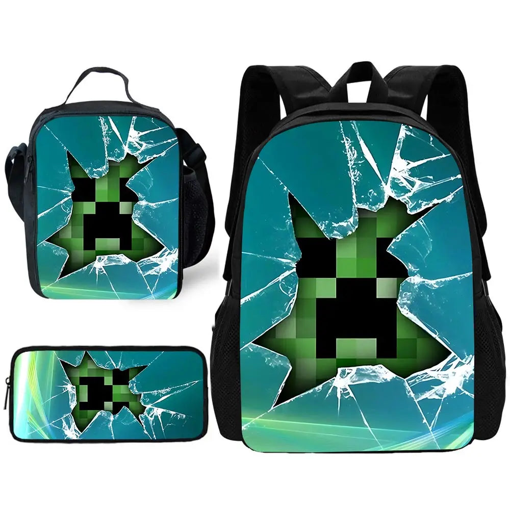 Child School Backpack Game Mine World M-MINE-CRAFTES with Lunch Bags ,Pencil Bags ,School Bags for Boys Girls Best Gift
