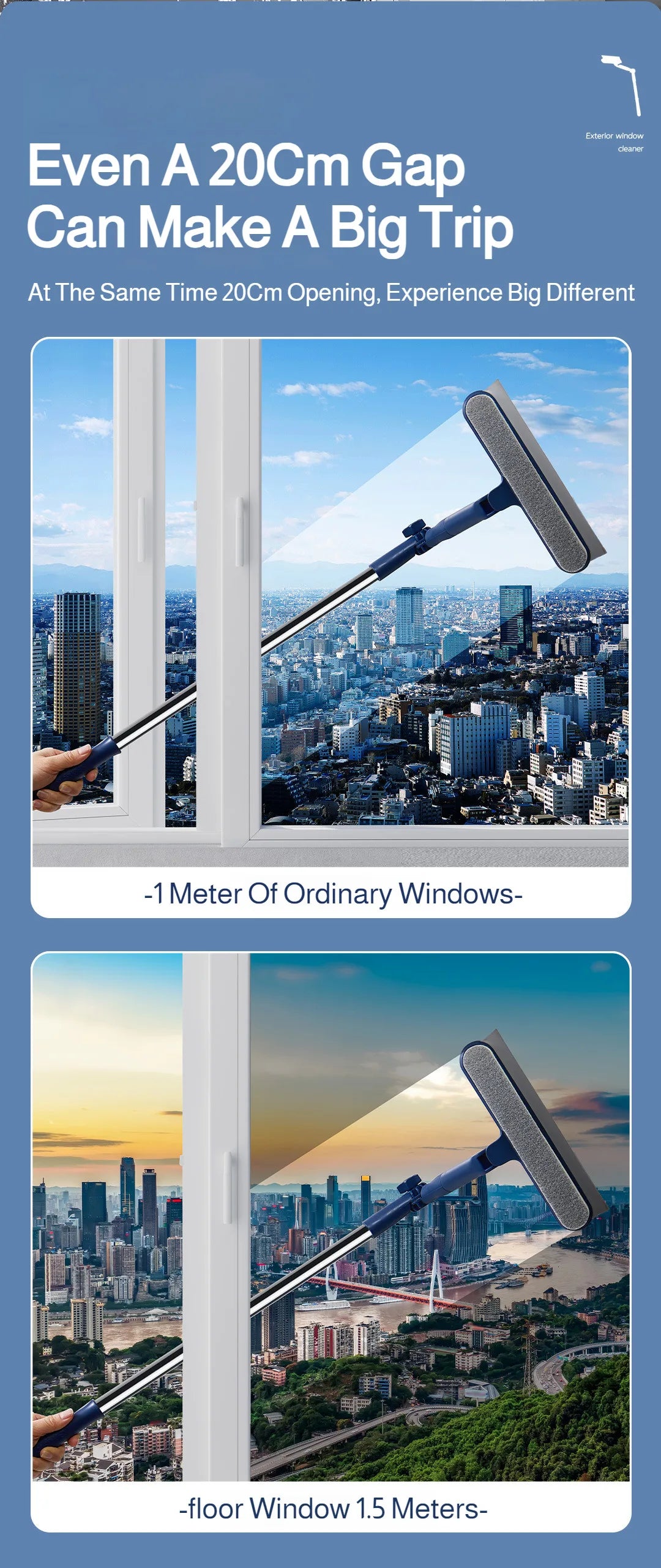 2in1 Highrise Glass Brush Window with Squeegee and Mini Brush Rotatable Glass Wiper Home Cleaning Tool for Glass,Walls and Floor