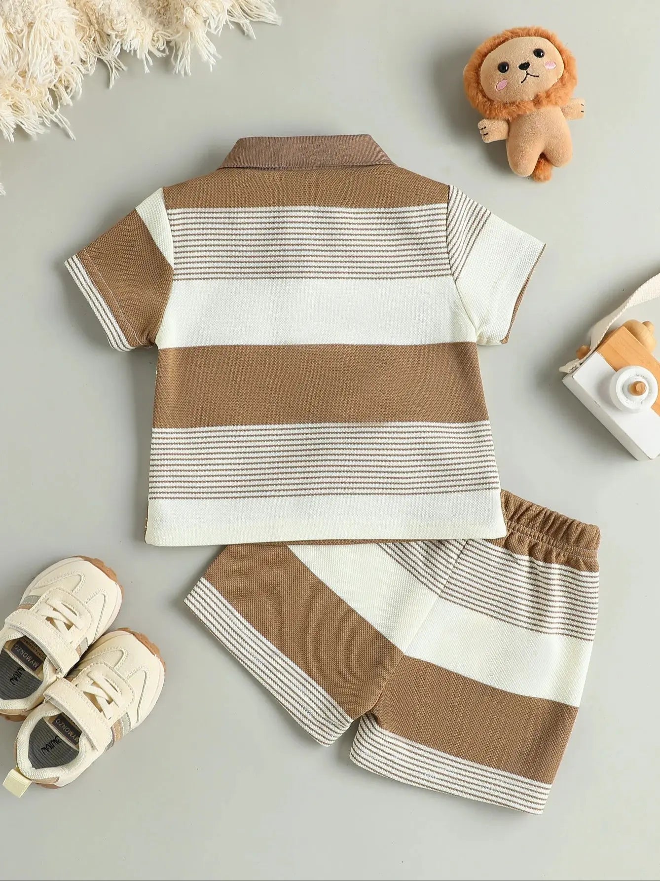 Children’s Summer New Arrival Boys’ Regular Striped Teddy Bear Short T-Shirt and Shorts Casual Sport Two-Piece Set