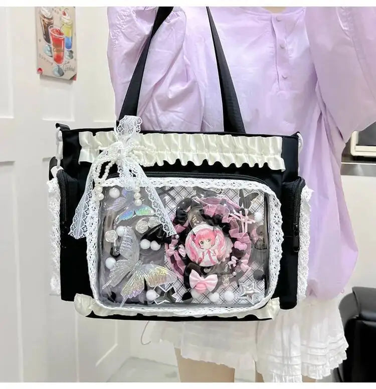 New Y2K Cute Japanese Ita Bag Lolita Girl Transparent Shoulder Tote Bag Large Capacity Crossbody Casual Bag DIY Display Handbags