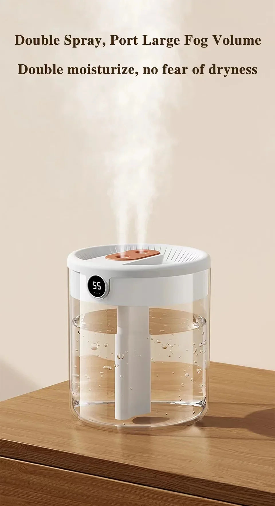 Dual Spray Humidifier USB Large Capacity Home 2L Quiet Bedroom LED Digital Display Night Light Office Desktop Mini Diffuser