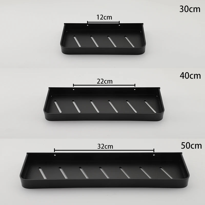 ULA Bathroom Shelf 30/40/50cm Kitchen Wall Shelf Metal Shower Holder Sticker Rack Towel Bar Robe Hooks Bathroom Black Hooks