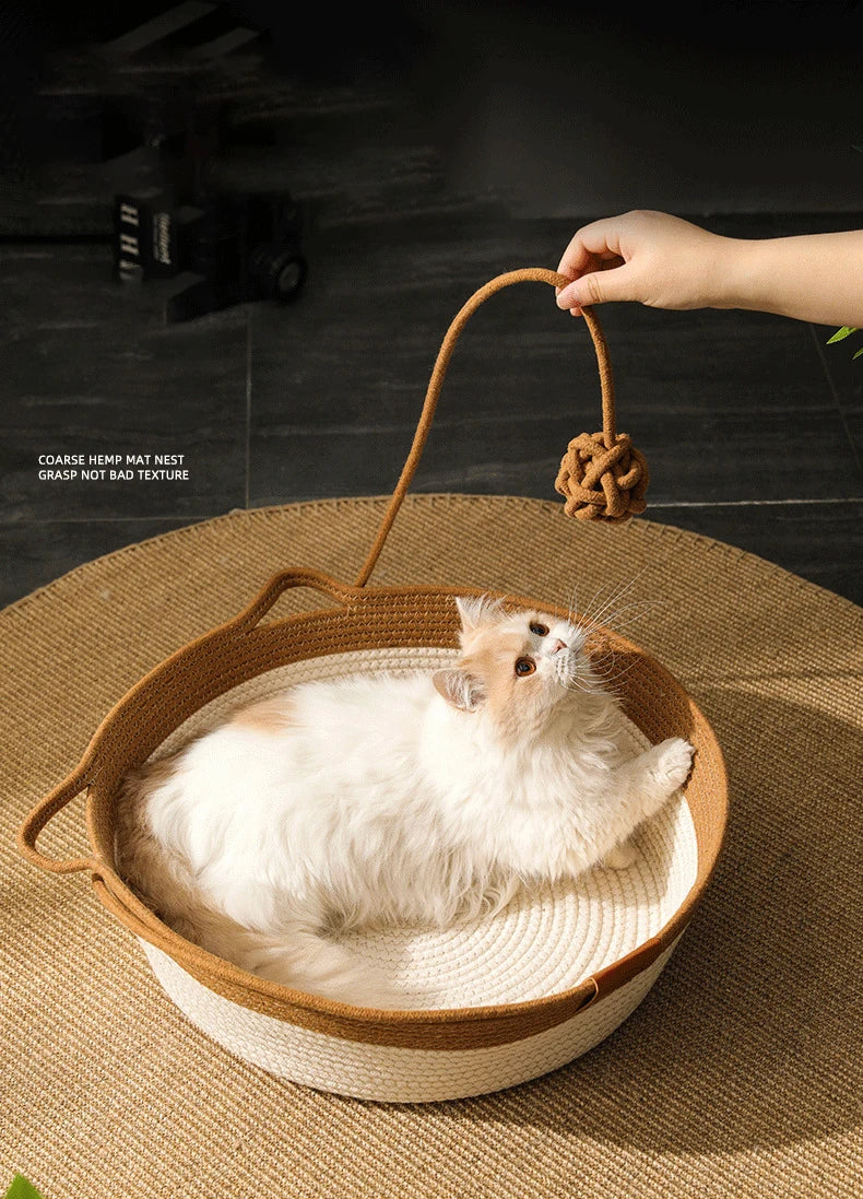 Cat Bed Handmade Rattan Woven Pet Nest Removable Washable Warm Pad All-Season Cat Scratch Board Winter Warm Cat House for Cats
