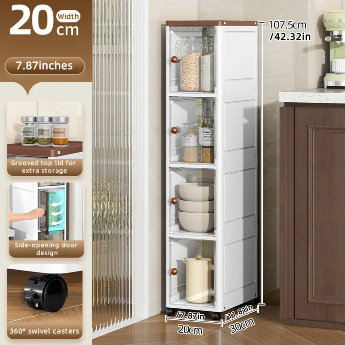 The transparent storage cabinet with wheels in the gap saves space in the kitchen and living room for storing snacks