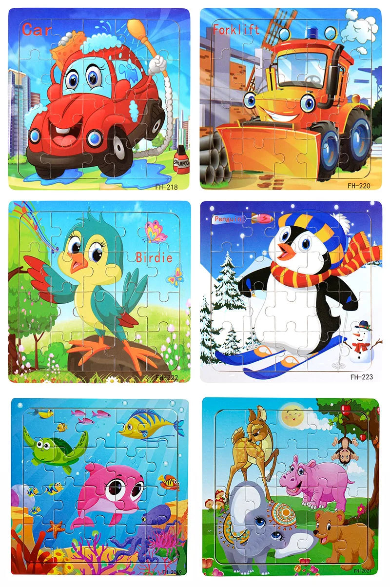 20piece Wooden Puzzle Cartoon Animals Car Letter Number Pattern Jigsaw Puzzles Game Kids Educational Learning Toys for Children