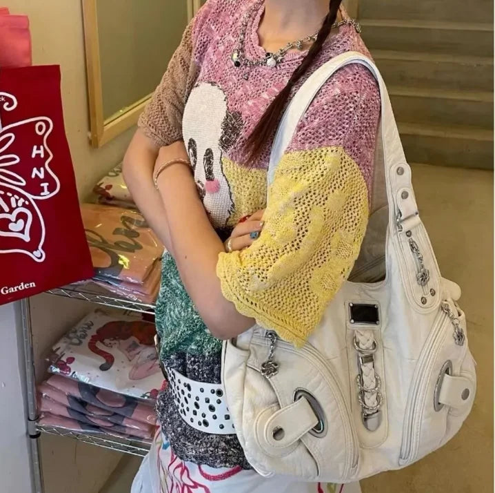 JIAERDI Vintage White Large Capacity Handbag Women High Street Leather Pocket Y2k Shoulder Bags Ladies Retro Purse Bagutte Bag