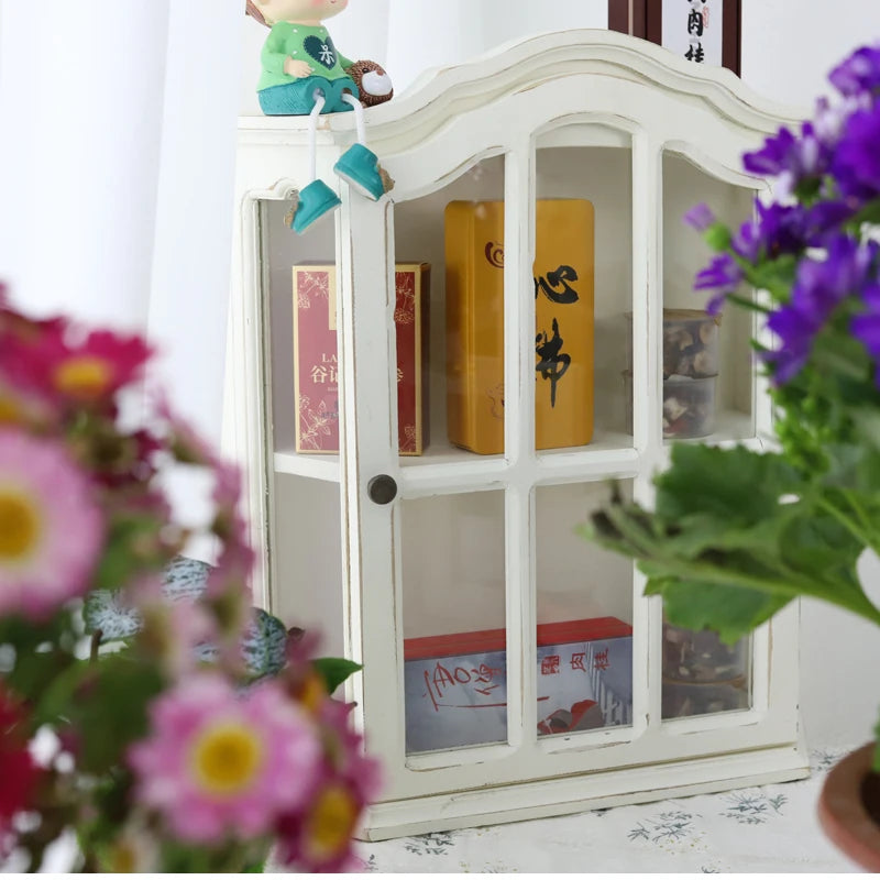 ‌Rustic Farmhouse Display Cabinet with Glass Doors Distressed White Solid Wood Storage Organizer for Kitchen/Office Vintage