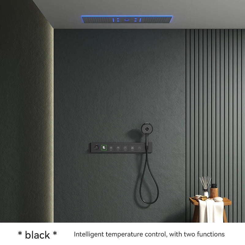 Luxury Ceiling Shower System Set Concealed Thermostatic Brass Digital Display Hydro Generator Rainfall  with Light and Bluetooth