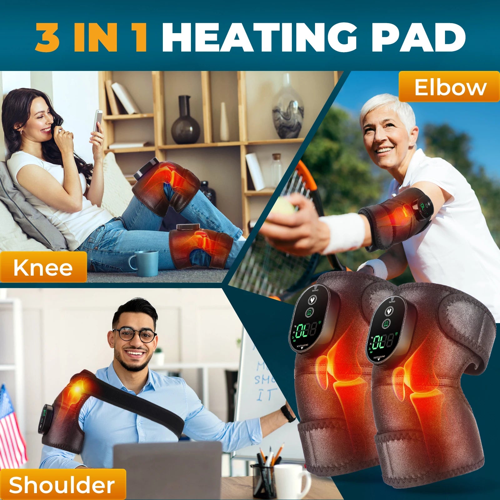 3 in 1 Heating Knee Pad Knee Shoulder Massager Support Shoulders Elbows Knees Joint Brace Muscle Relax Promote Blood Circulation