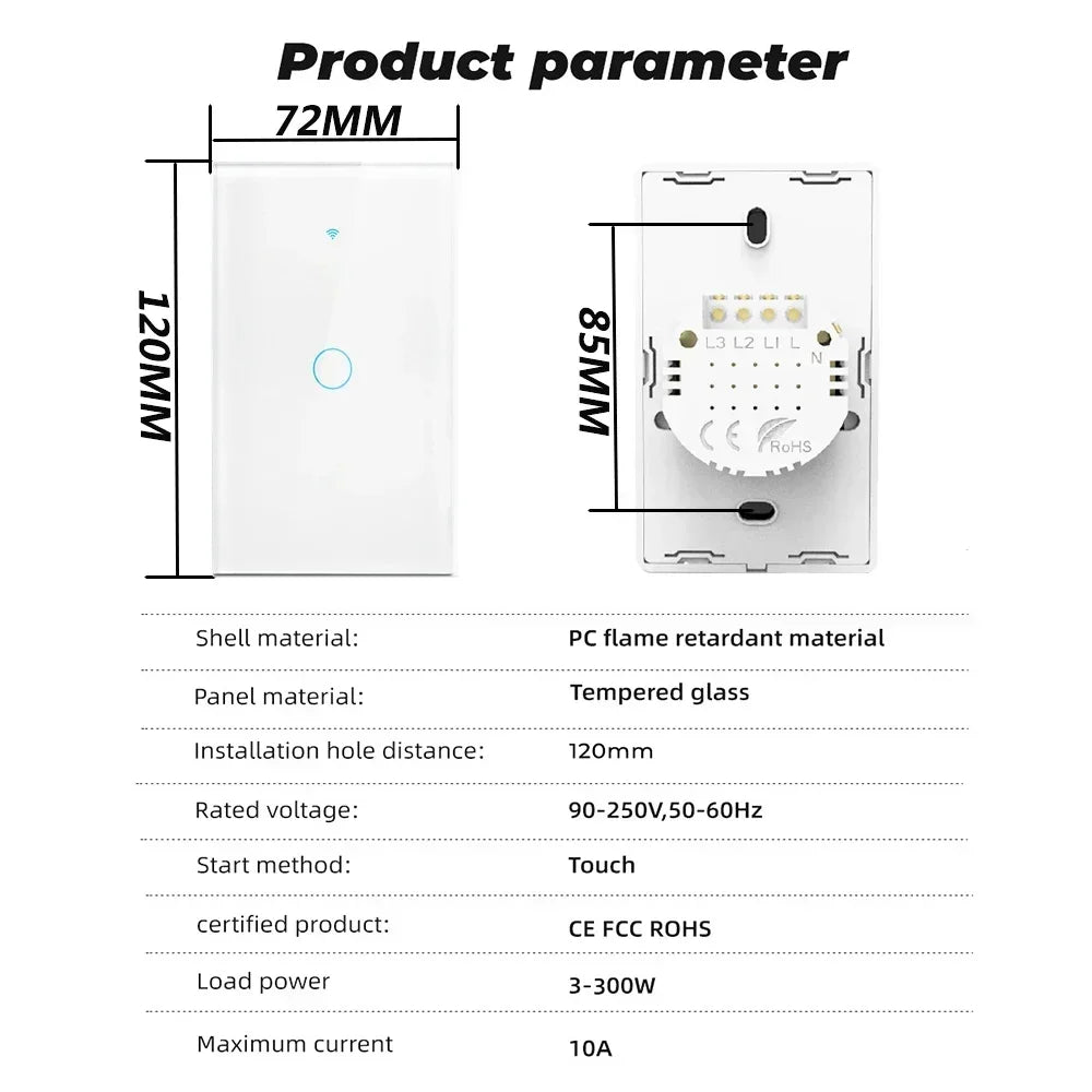 EU/US Smart Switch Alexa RF433 No Neutral Tuya Control Works With Google 1/2/3 Gang Smart Life Home Light WiFi Touch Switches