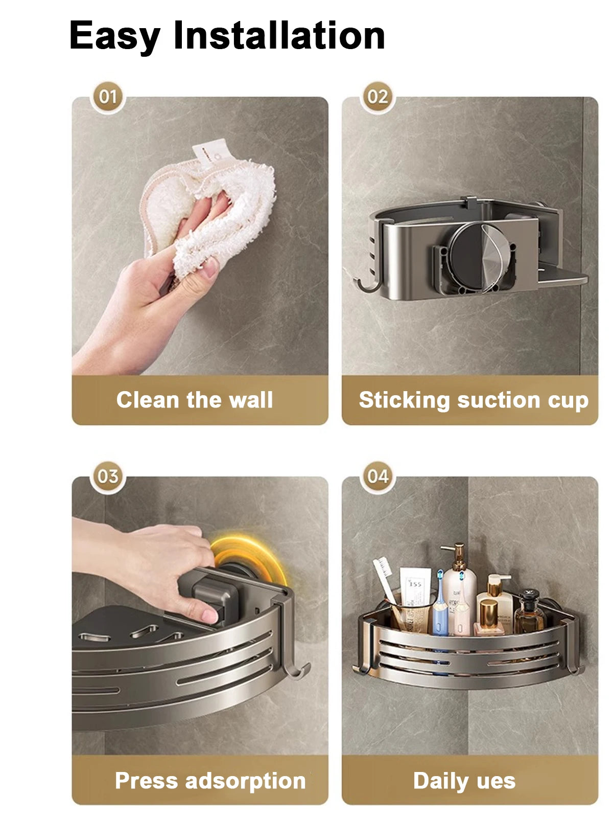 Triangular Shower Shelf with Hooks Suction Cup No Drill Bathroom Organizer Aluminum Corner Rack for Shampoo Soap Kitchen Storage