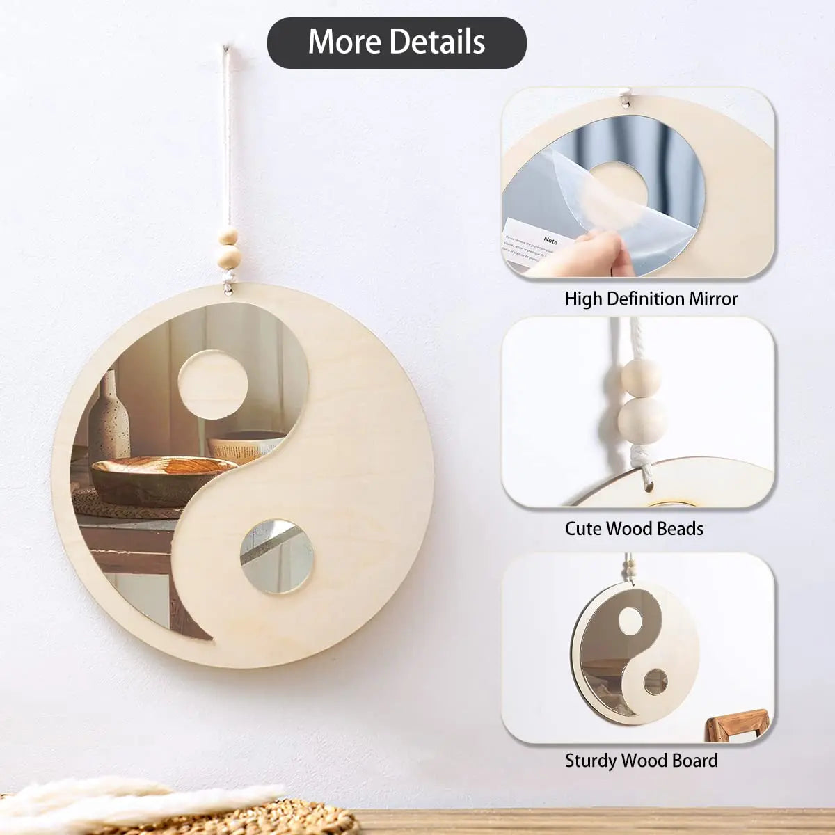 Wooden Mirror Home Decor Boho Wall Mirrors for Living Room Bedroom Tai Chi Yin Yang Wood Mirrors Room House Feng Shui Decoration