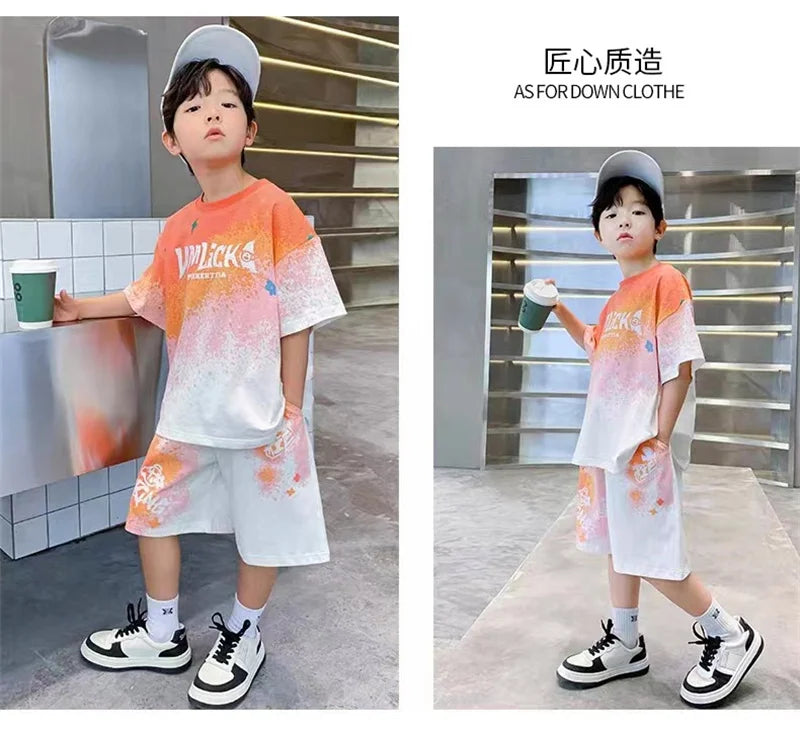 Boys Loose Casual Sets Summer Teen Gradient T-shirts+Shorts 2Pcs Big Kids Sport Short Sleeve Clothes Suits Children Print Outfit