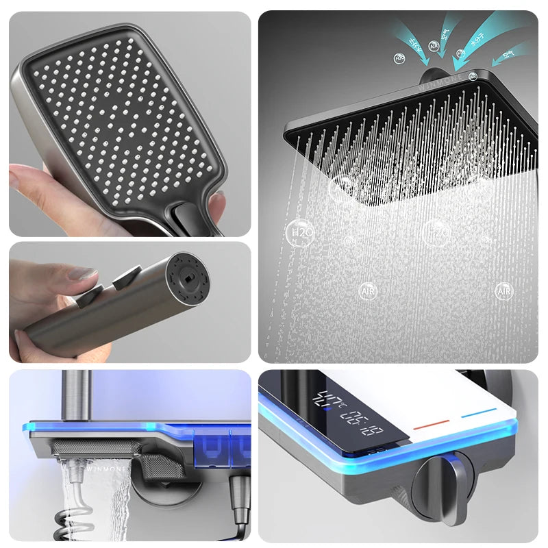 Ambient Light Bathroom Shower Full Set Wall Mount Bathtub Mixer Rain Digital Display Black Shower System Waterfall Shower Faucet