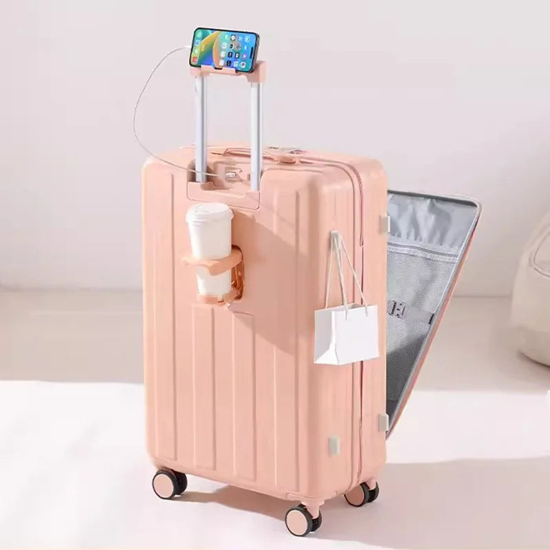 Multifunction Large Capacity Luggage Business Carry on Boarding USB Charging Cup Holder Front Opening Lid Trolley Suitcase