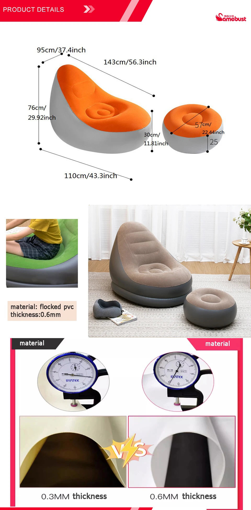 Camebsut Lazy Couch Inflatable Sofa Chair Foldable Recliner Outdoor Sofa Bed Footstool Portable Air Bed Lunch Lounge Chair