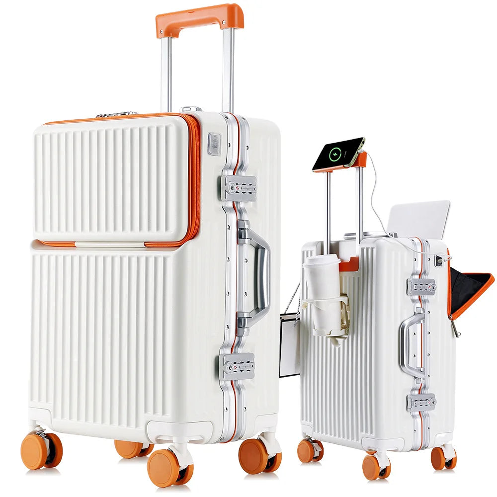 Aluminium Frame Rolling Luggage with Cup Holder Mobile Phone Holder Front Opening Suitcase Large capacity Travel Suitcase
