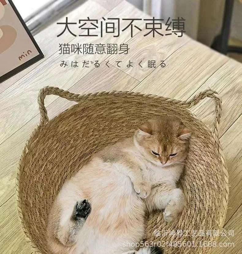 Rattan Weaving Cat Basket Bed With Soft Cushion Round Donut Design Cozy Warm Comfortable Sleeping Nest For Cats And Dogs