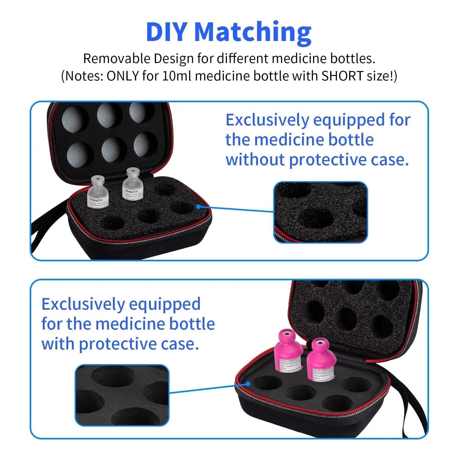 Insulin Holder Fridge Storage Carrying Case Organizer Bag, Fitting 10ml Vial Short Size, Removable Design 2 Sizes Slot Foam