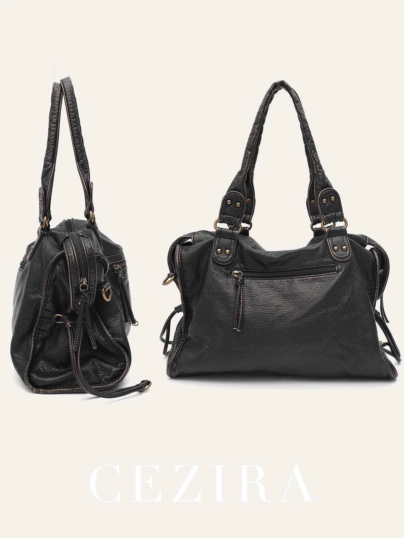 Vintage Washed PU Leather Large Capacity Tote Zip Pockets Braid Decor Shoulder Cross body Bag Unisex Women Daily Travel Handbag