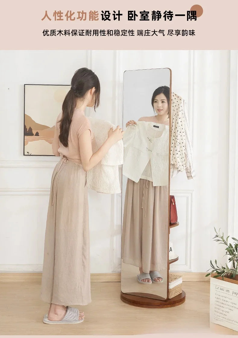 Solid Wood Full Body Floor Mirror for Home Bedroom Rotatable Movable Dressing Room Mirror with Clothes Hanger