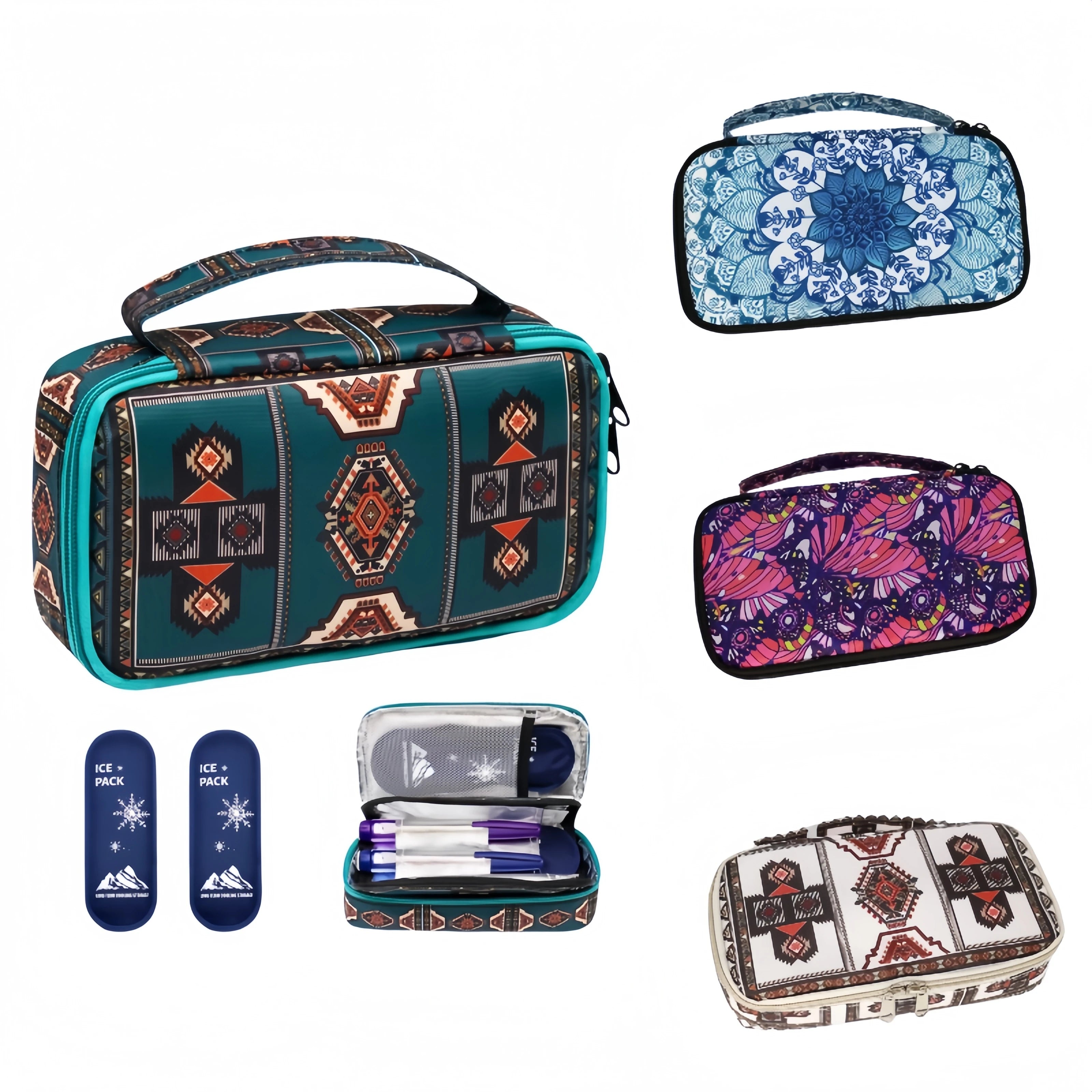 Large Portable Insulin Cooler Travel Bag - Lightweight, Boho Flower Print Durable Design for Outdoor Camping and Travel