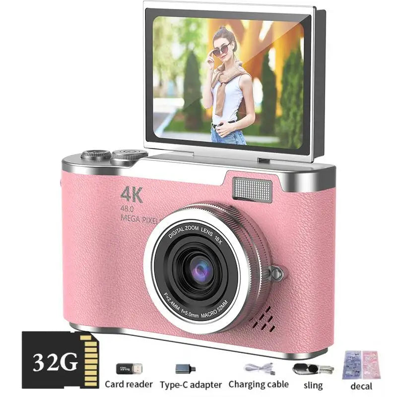 4K Digital Camera CCD 180° Flip Screen Selfie Camera 8X Digital Zoom 48MP Portable Digital Photography Camera with 32G Card