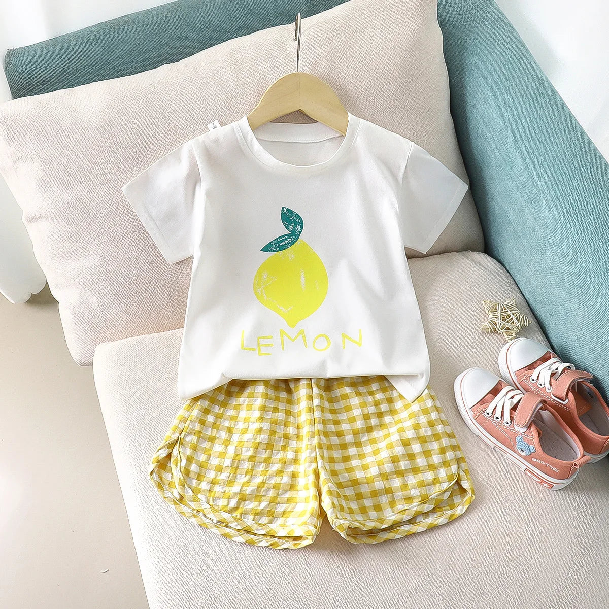 Children's Sets 2-piece Short-sleeved Round Neck Top+plaid Shorts Fruit Lemon Grape Cartoon Design Outer Wear Casual Summer