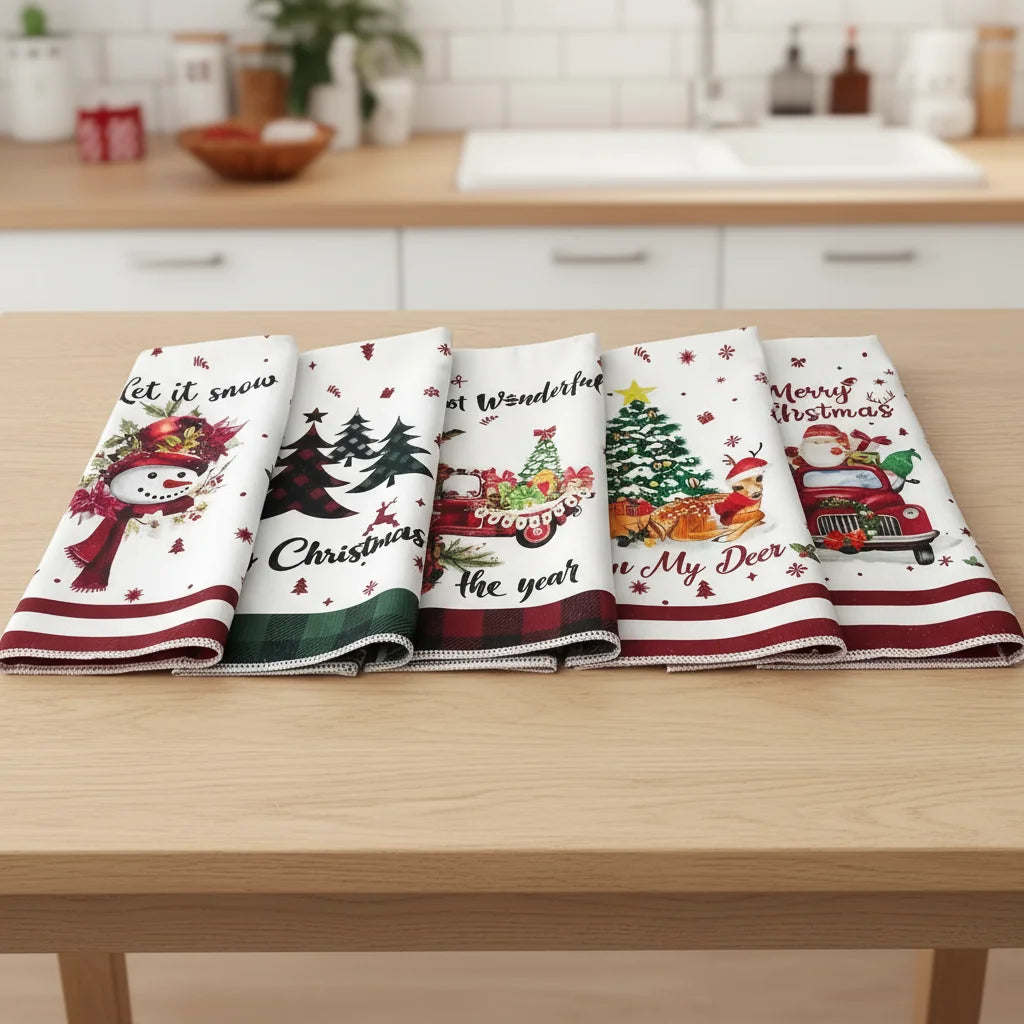 5Pcs Christmas Kitchen Towels and Dishcloth Absorbent Santa Snowman Truck Hand Dish Tea Towel Winter Holiday Decoration for Xmas