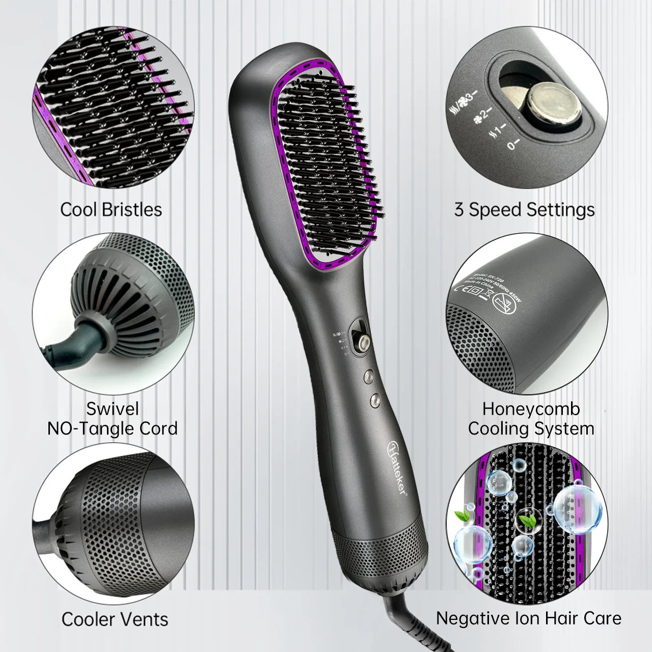 Hatteker Electric Hot Air Comb Styling Comb for Women Anion Heating Hair Straightening Brush for Straight And Curly Hair