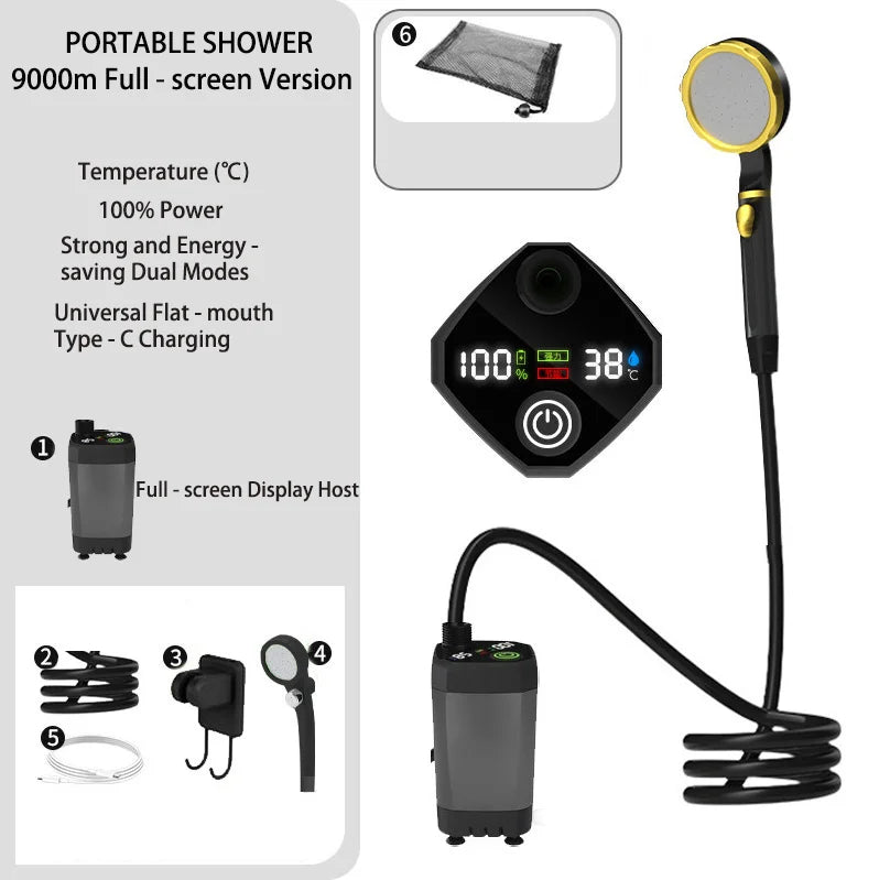Portable Outdoor Camping Shower Set Waterproof with Digital Display Rechargeable Electric Shower Pump Hiking Travel Pet Watering