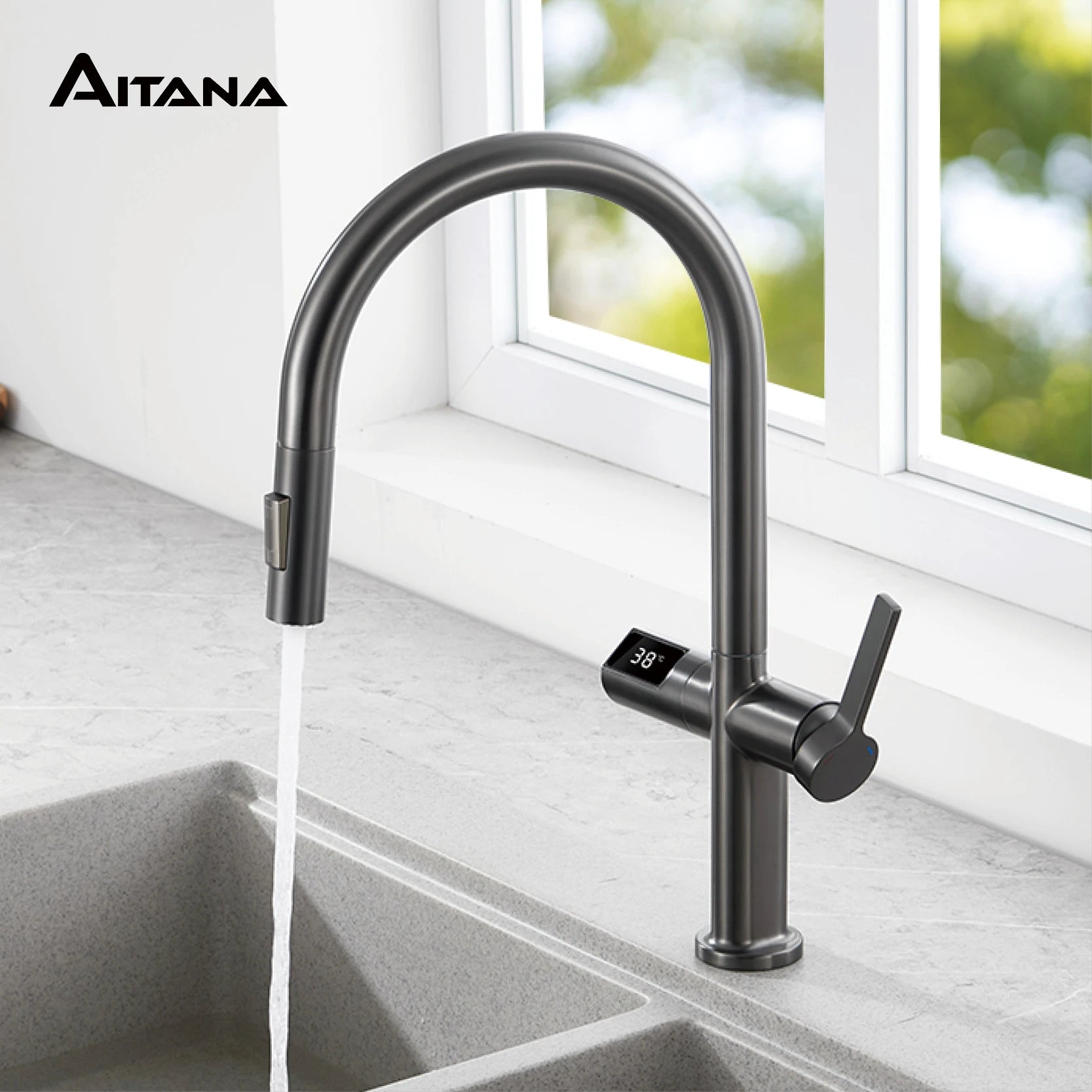 Luxury brass gun gray kitchen faucet LED digital sensing design single handle hot & cold water pull-out type 2-function sink Tap