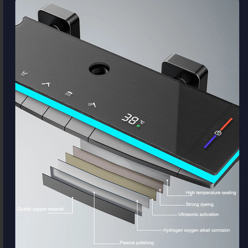 Hot Cold Piano Digital Shower Set 12 Inch Rainfall Shower Head Brass Bathtub Mixer Faucet Thermostatic Bathrooom Shower System