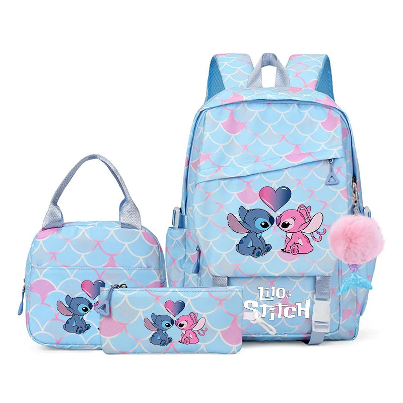 3Pcs Backpack Set Lilo Stitch Girl Kid Student Schoolbags Double Shoulder Bag Travel Pen Lunch Bag Kawaii Bookbag Laptop Bag Set