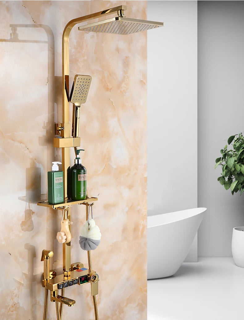 Thermostatic Digital Bathroom Shower Set Rainfall Shower Head Brass Bathroom Faucet Accessories Hot Cold Digital Shower System