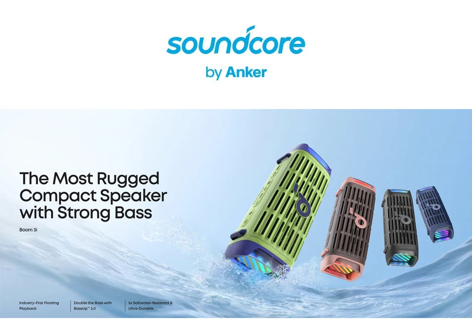 Soundcore Boom 3i by Anker Rugged Outdoor Speakers IP68 Waterproof Floating Playback Saltwater-Resistant BassUp 2.0 16H Playtime